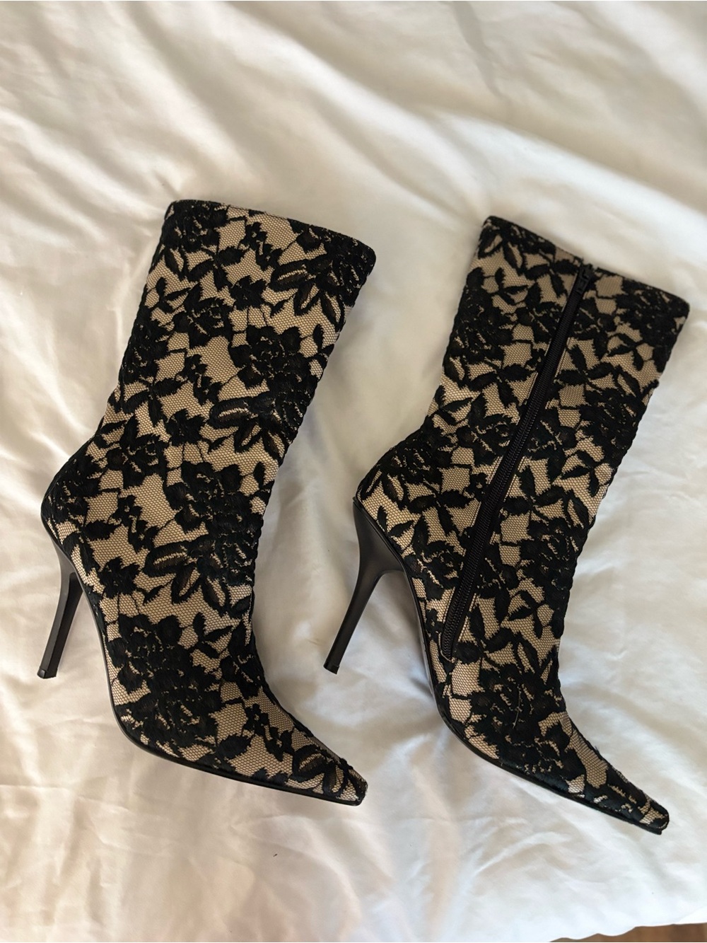 Lace Overlay Pointed-Toe Stiletto Boots - Black on Nude